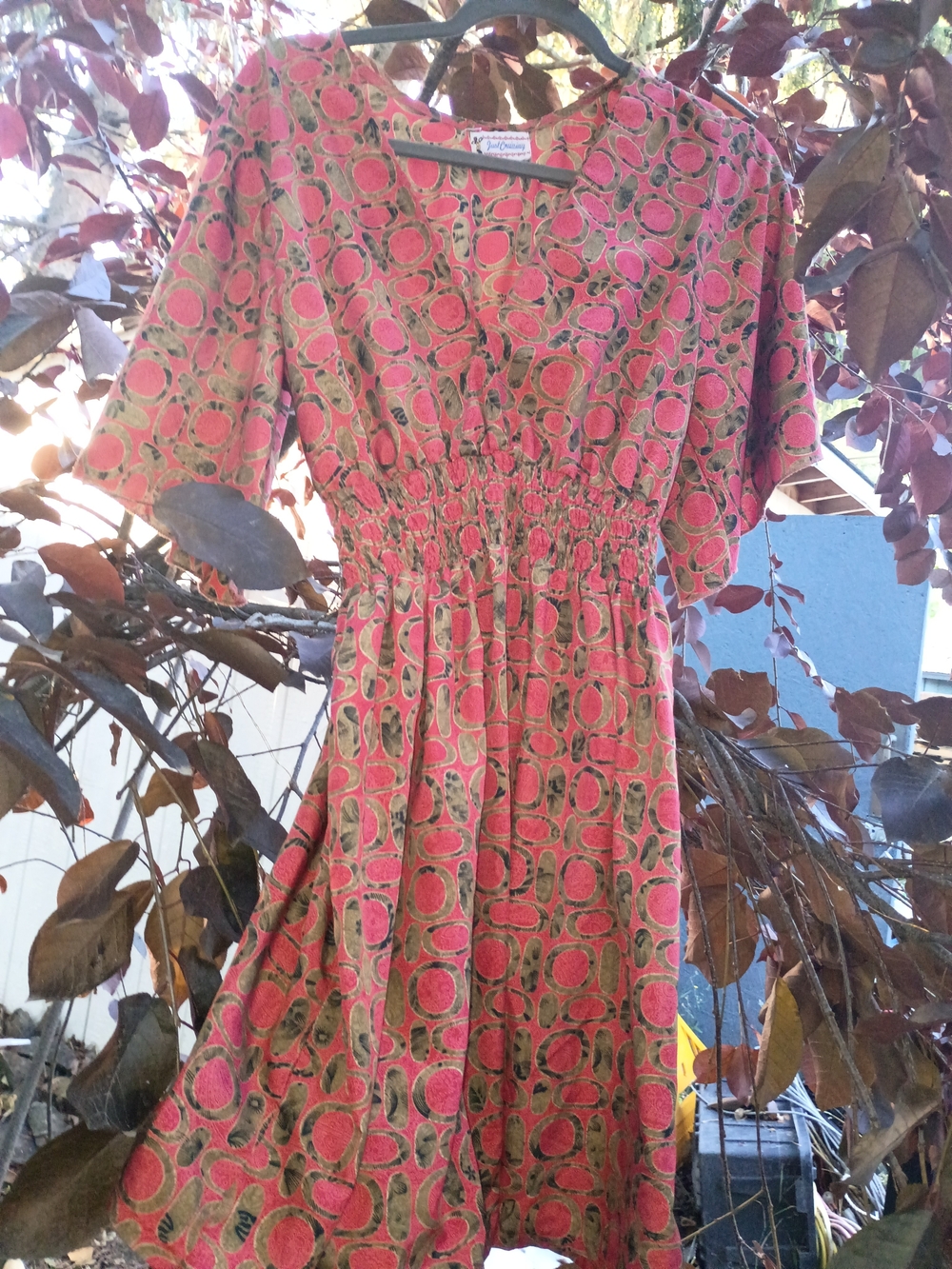 Vintage Smocked Waist Midi Dress in Pink and Olive Print